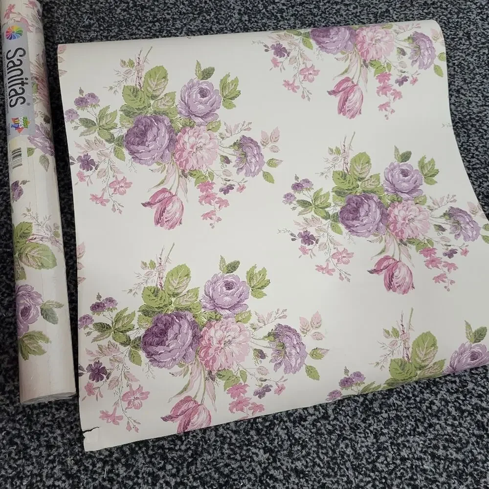 Vintage 90s Sanitas Purple Floral Prepasted Wallpaper, 20.5